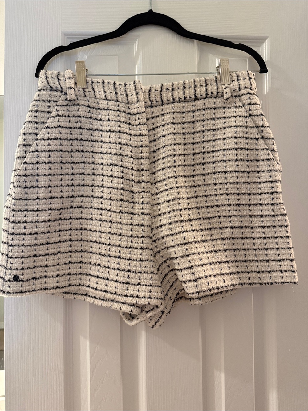 Maje Cream and Black Tweed High-Waist Shorts